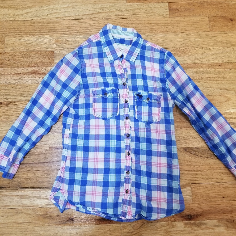 Abercrombie & Fitch Blue Plaid flannel checker denim shirt 100% cotton top tee